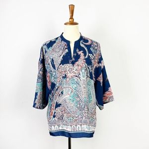 Chelsea & Theodore blue paisley satin boho colorful 3/4 sleeve top Size Small